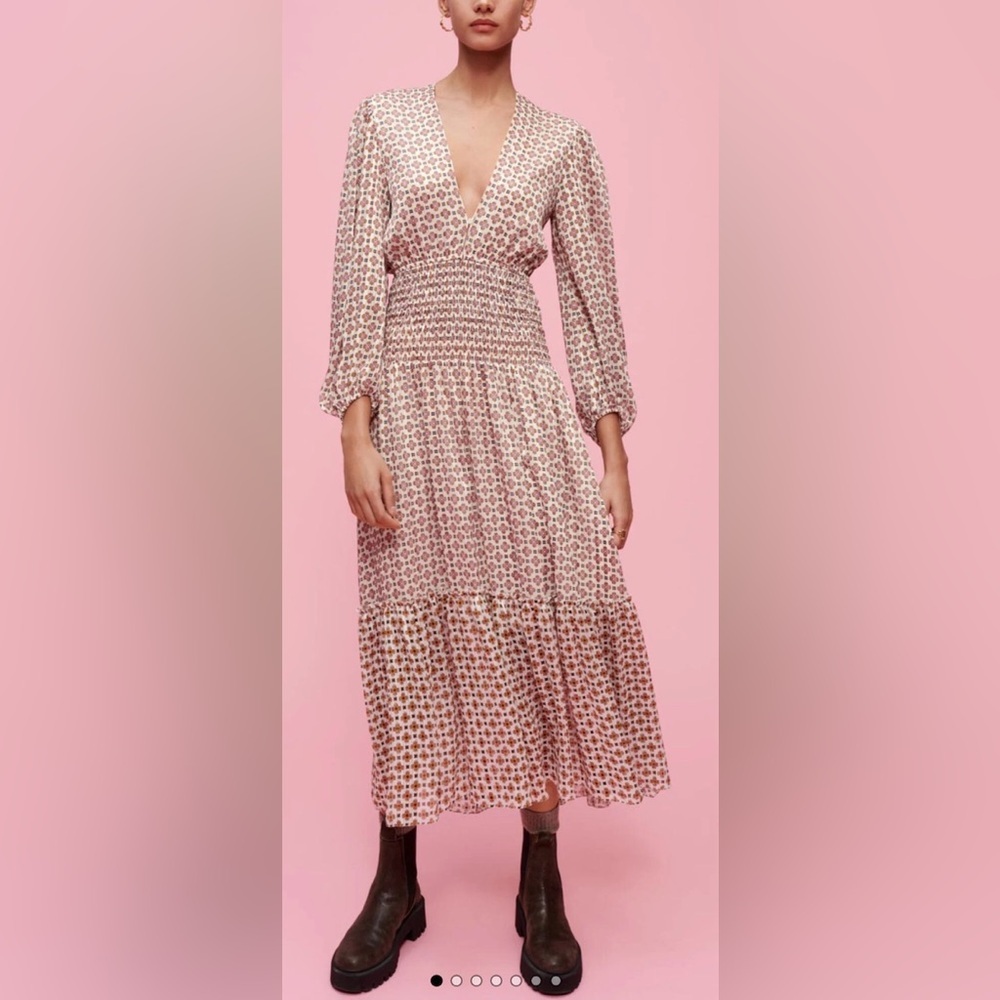 NWT Maje Ecru Geometric Print V-Neck Smocked Waist Midi Dress - EU 36 (US 2-4)